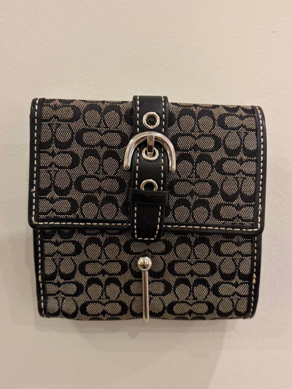 Coach Black and Cream Signature Canvas Wallet with Buckle Accent